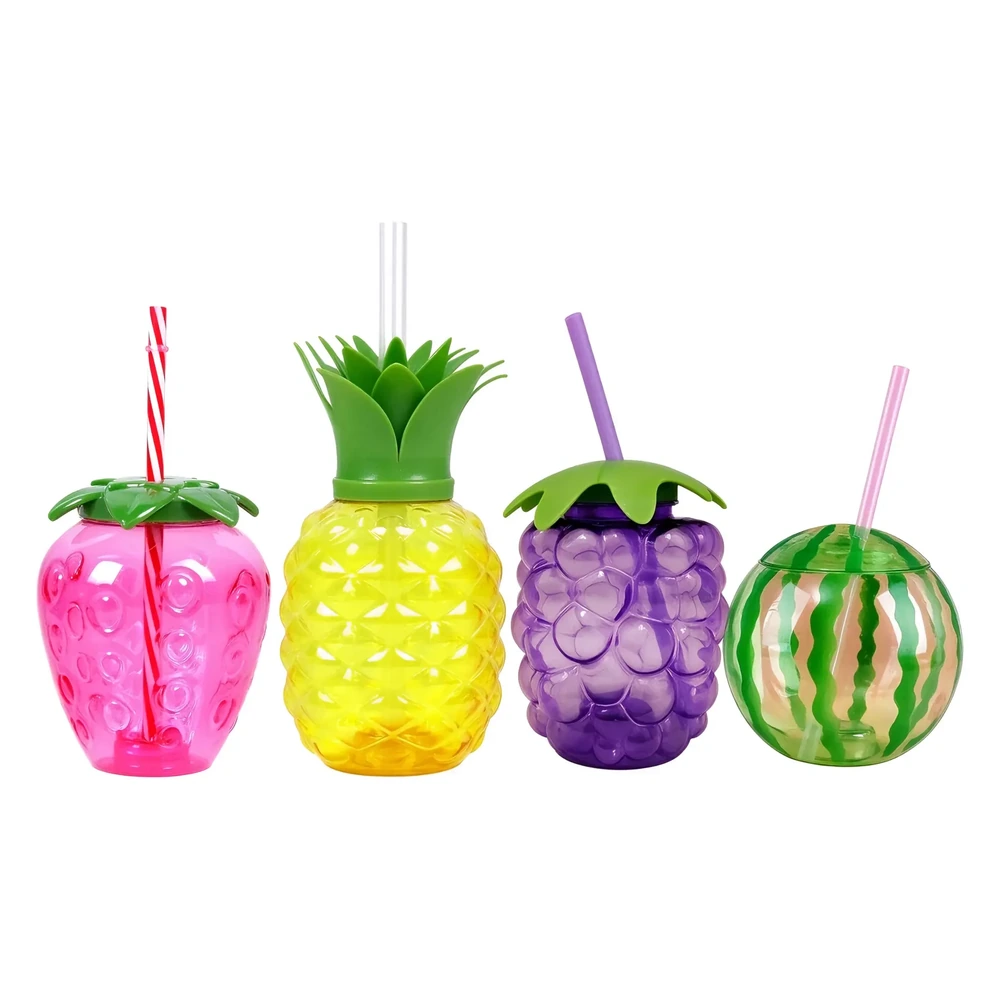Fruit-shaped straw cups in strawberry, pineapple, grape and watermelon prints