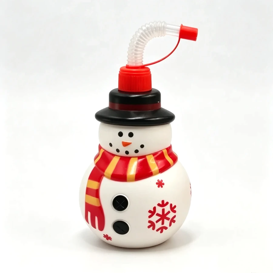Snowman Cup with Red Lid and Scarf — 550 ml PET straw cup