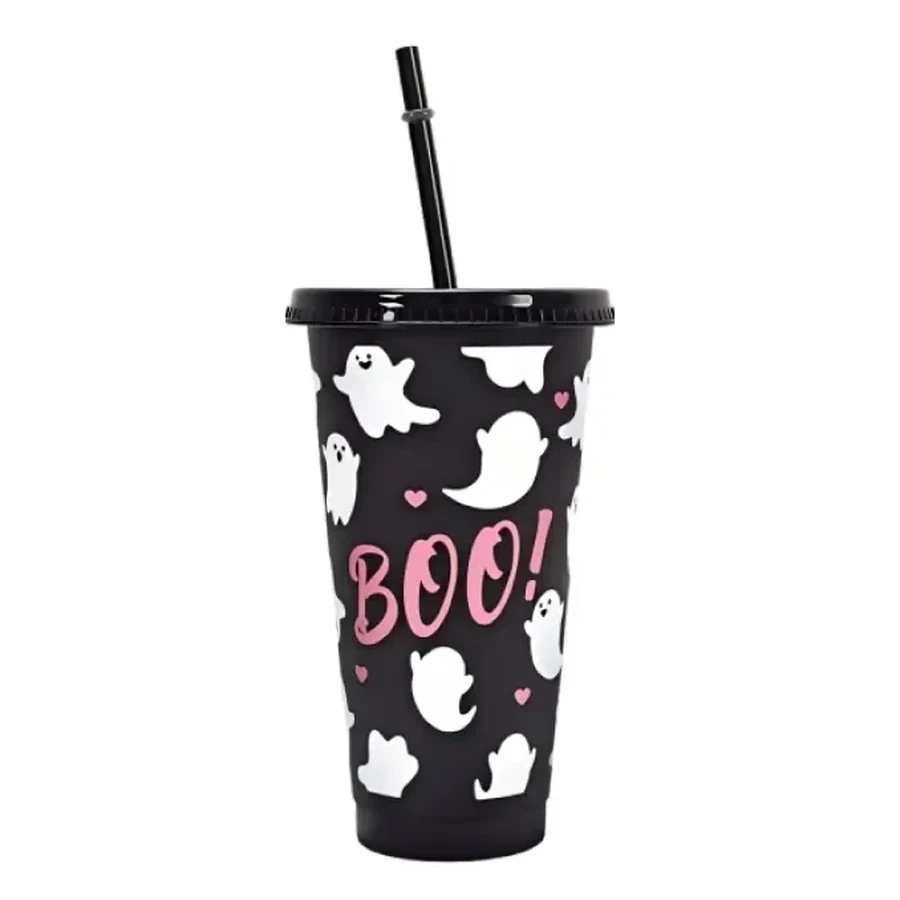 Red and Magenta Halloween Pumpkin and Ghost Cup — 500–700 ml PP straw cup