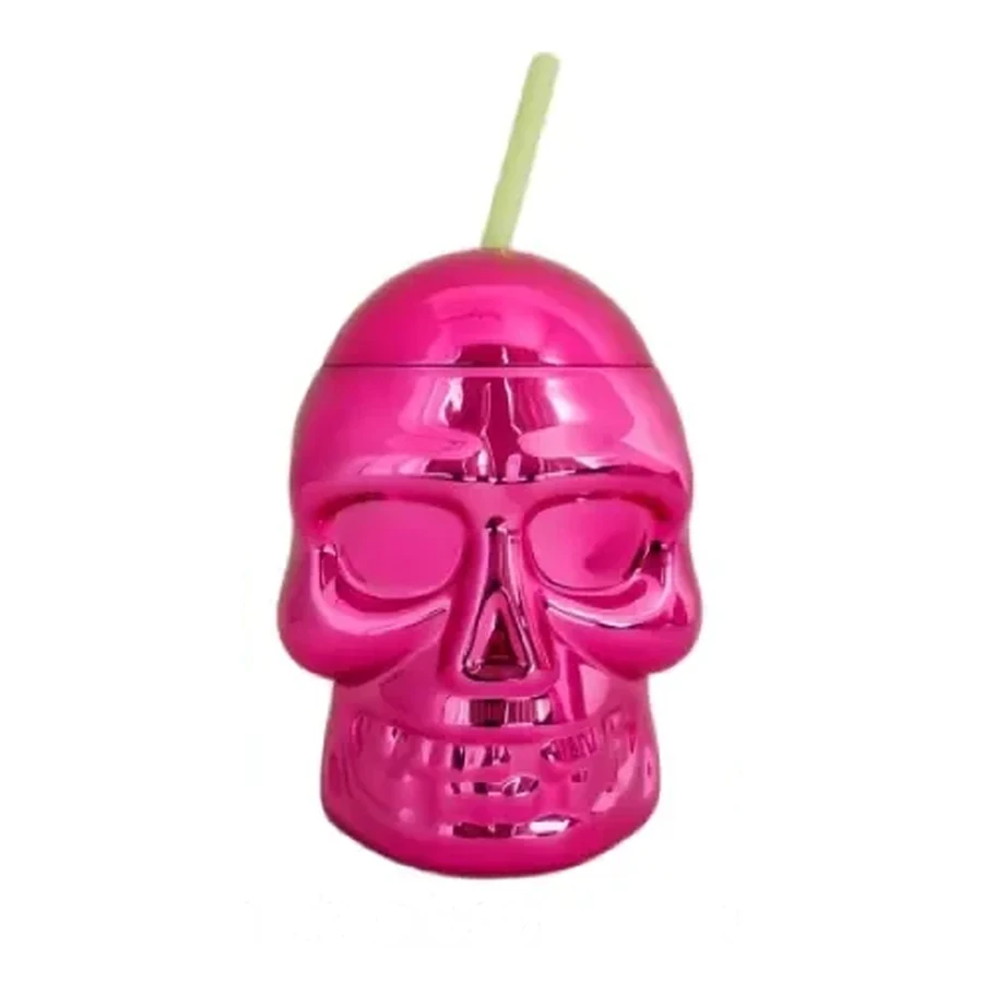 Pink and Lime Metallic Ghost and Skull Cup — 500–600 ml PET straw cup