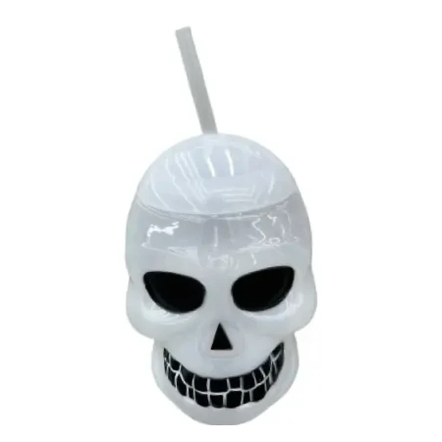Pearl White Metallic Ghost and Skull Cup — Style 04 — 500–600 ml PET straw cup